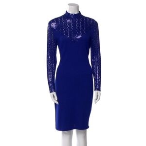 ST. JOHN EVENING Knit Stretch Knee Length Dress Sequin Long Sleeve Blue 2